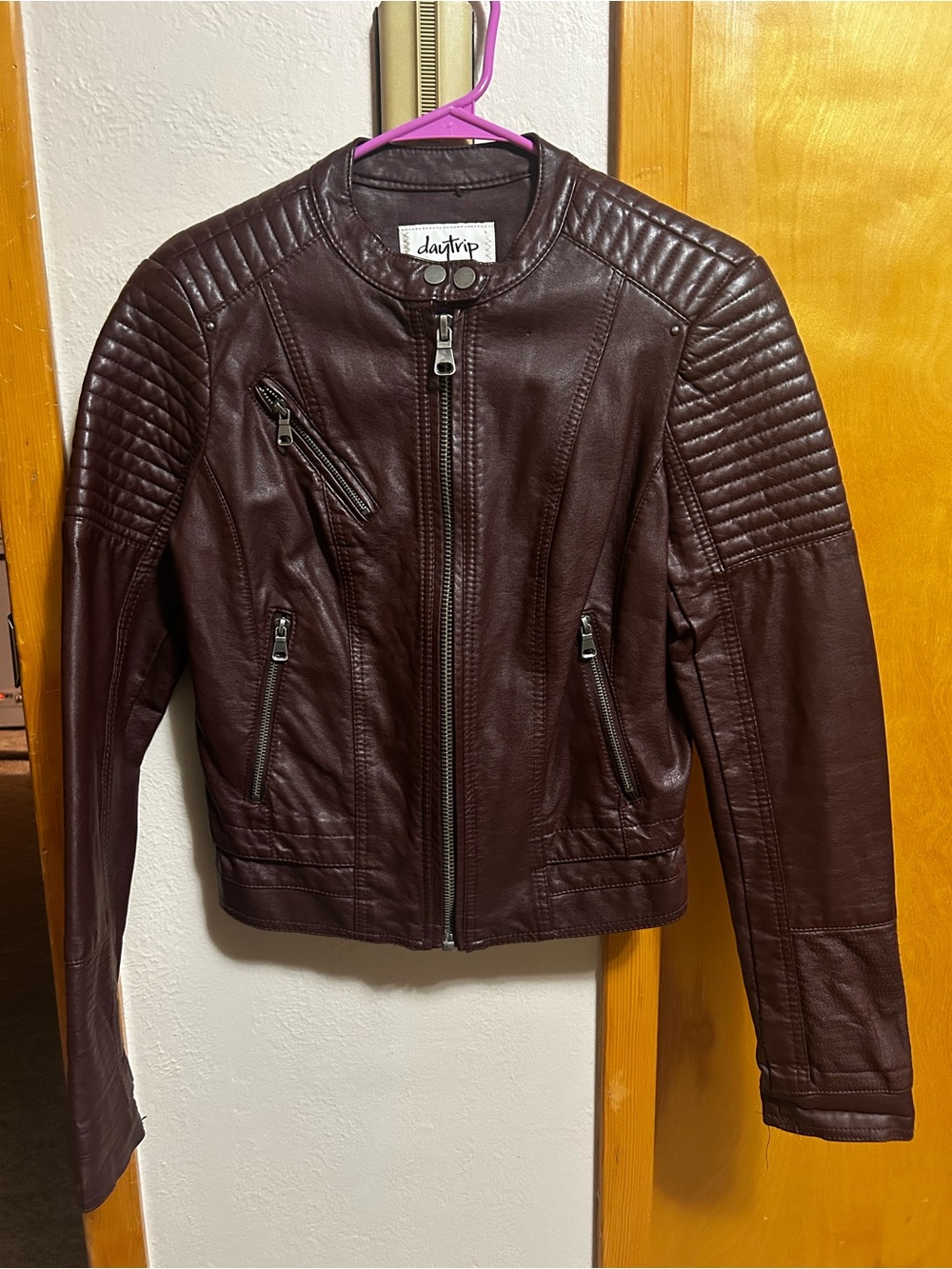 Daytrip Women's Leather Moto Jacket - Deep Burgundy